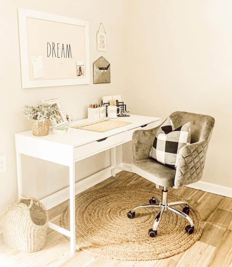 White Flowers on a Modern White Desk With Drawers