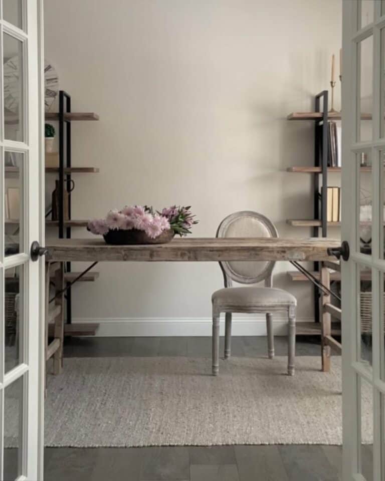 Wood Office Table With Pink Flowers