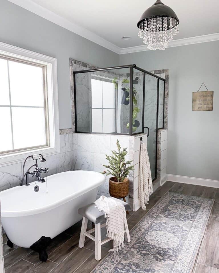 Blue Quartz Tile Bathroom with Black Frame Shower