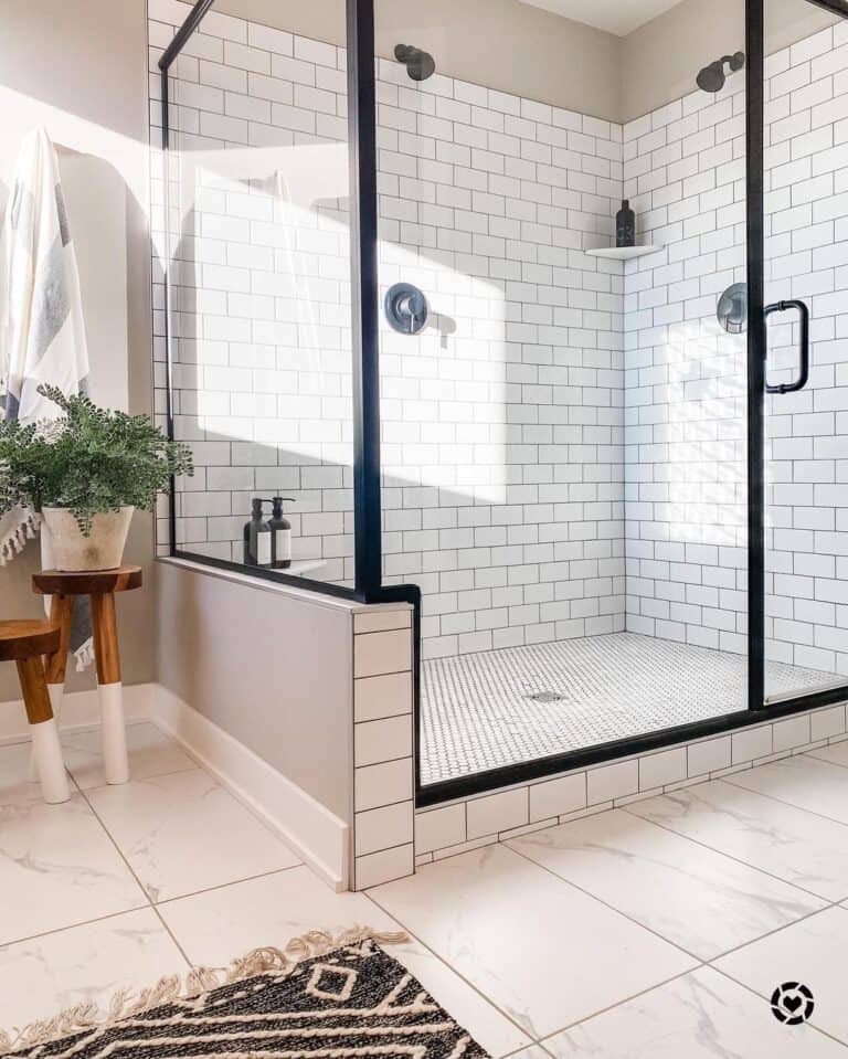 Walk-In Shower with Black Framed Shower Glass