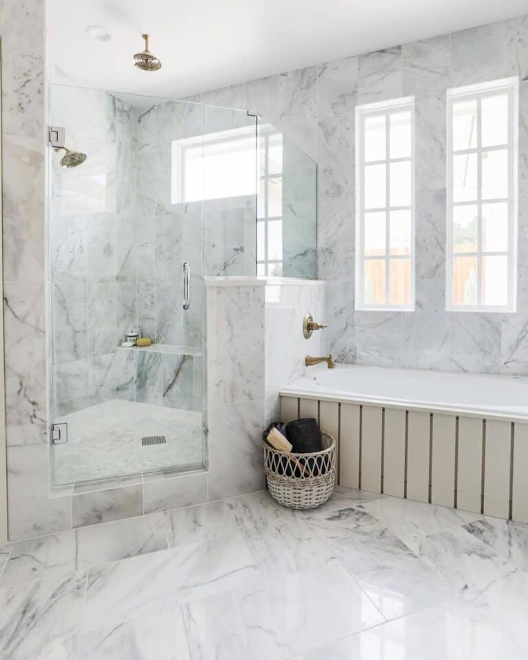 Large Light Grey Tiles and a Walk-In Shower