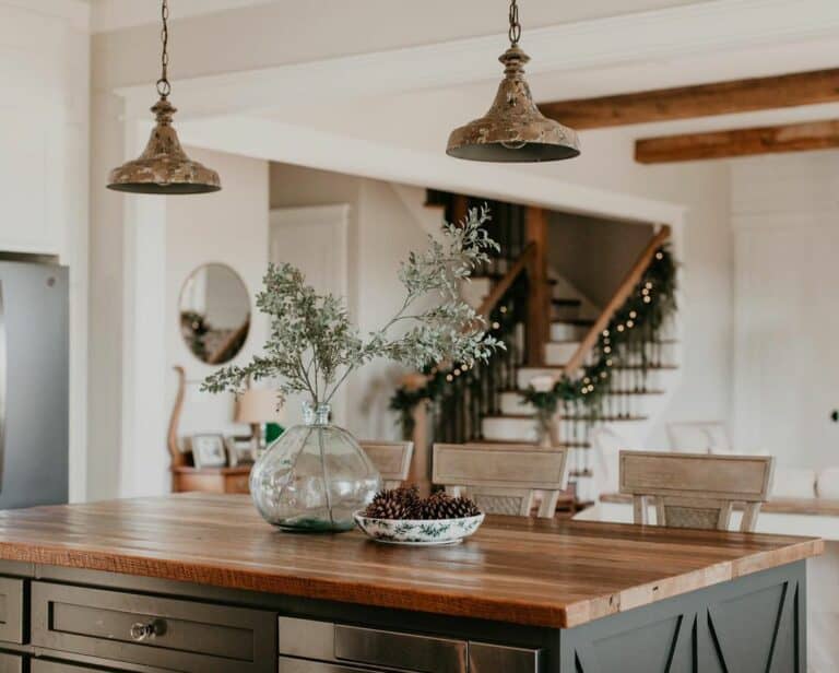 Natural Centerpiece Below Vintage Kitchen Pendants