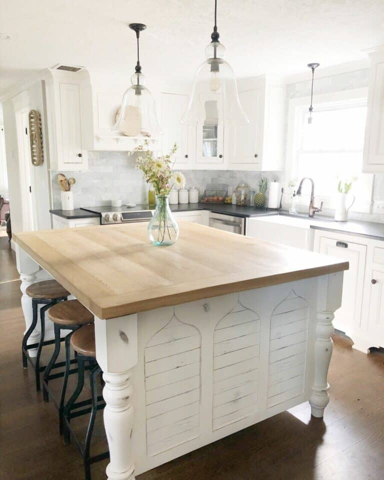 Glass Bell Pendants in Wood Island Kitchen