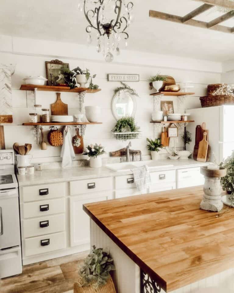 Farmhouse Décor on Wall-Mounted Shelves