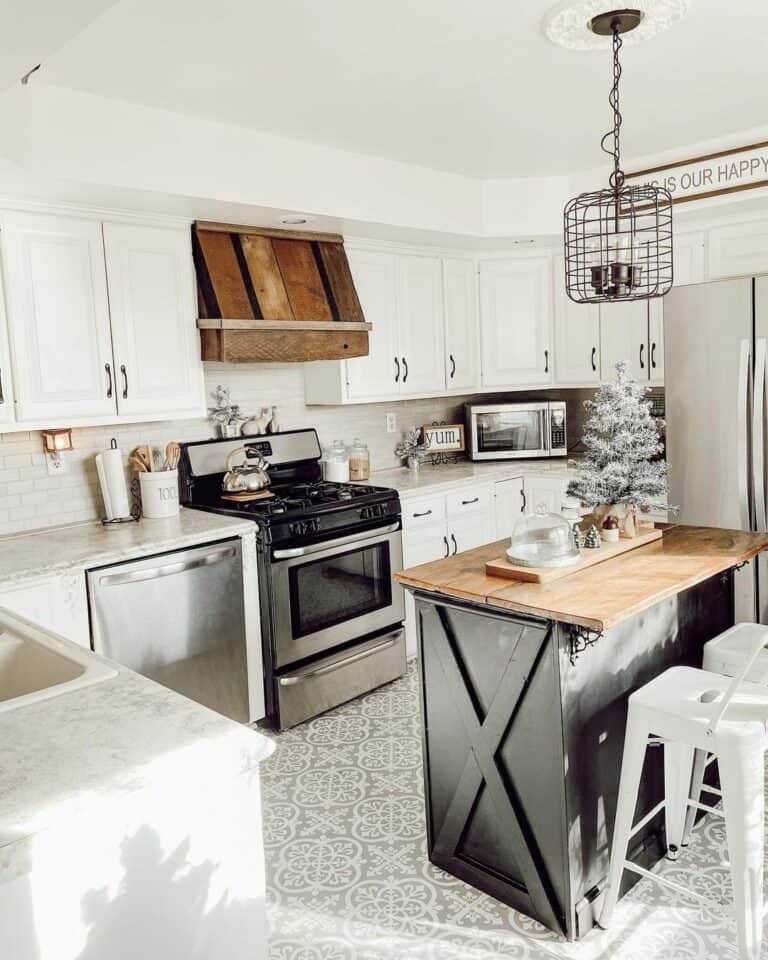 White Metal Stools Beside Compact Island