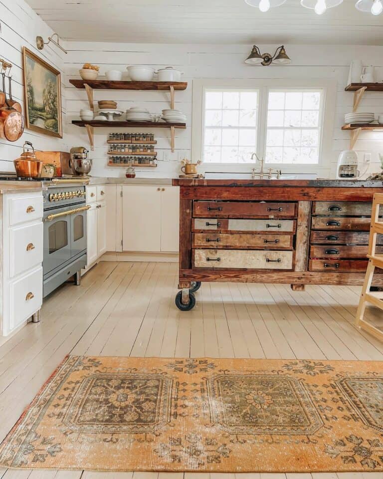 Rolling Island in White Shiplap Kitchen