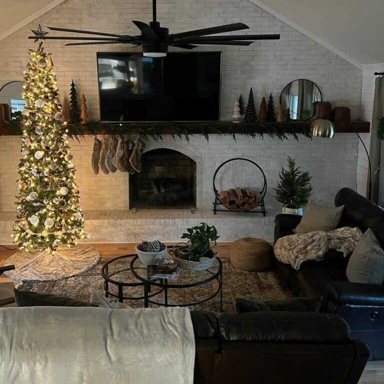 Light Gray Brick Fireplace With Wood Mantel