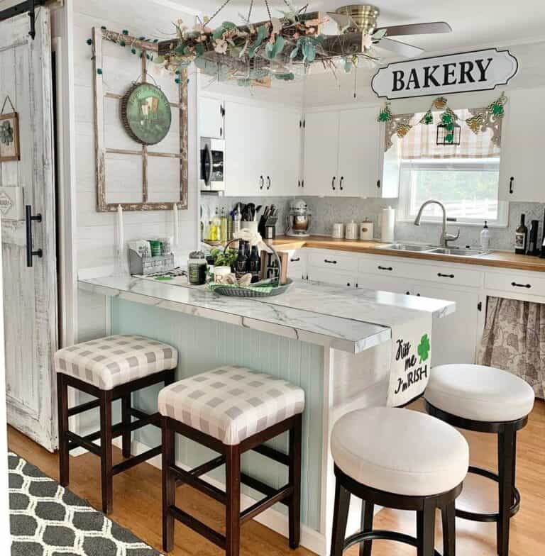 U Shaped Kitchen With a Peninsula and a Wooden Countertop