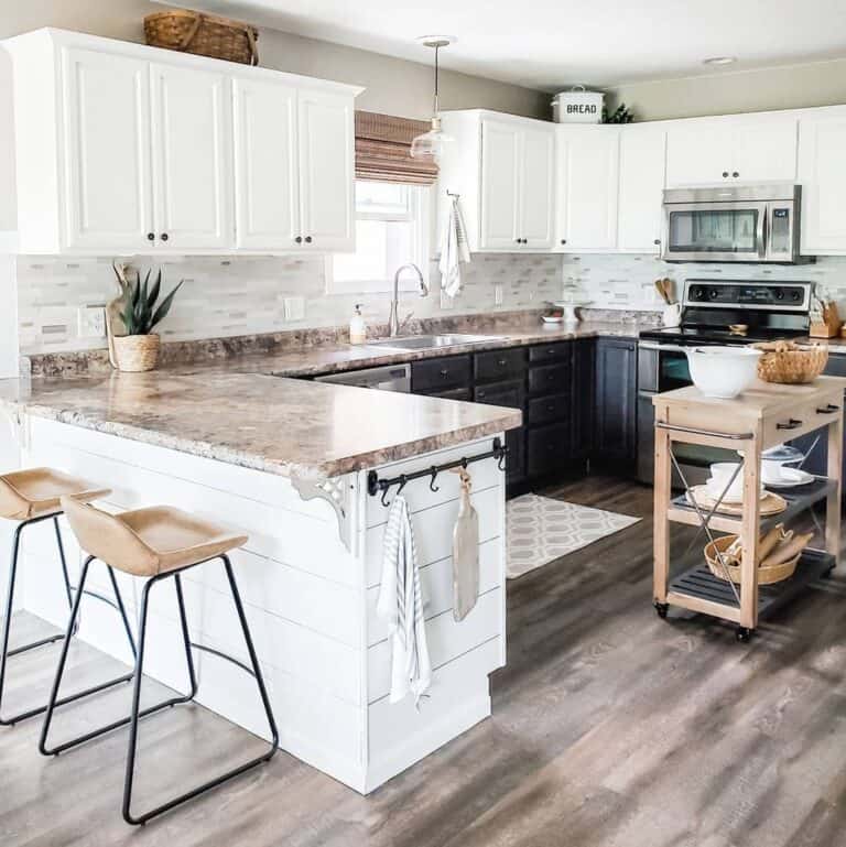 Brown Counter in U Shaped Kitchen with a Peninsula
