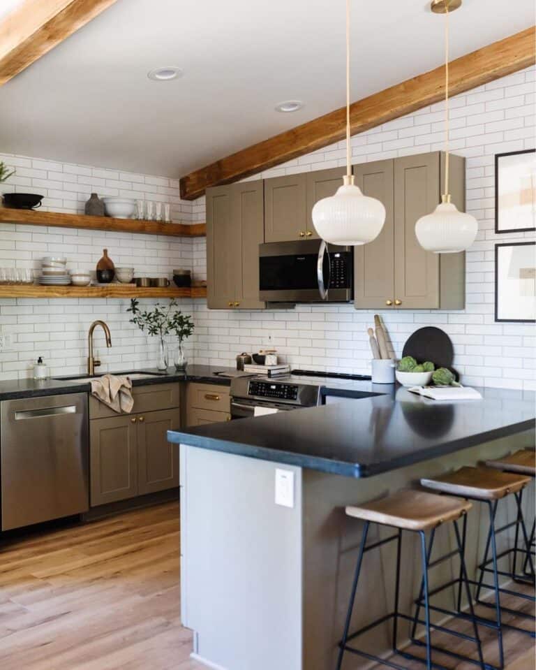 White Pendant Lights with Offset White Tile