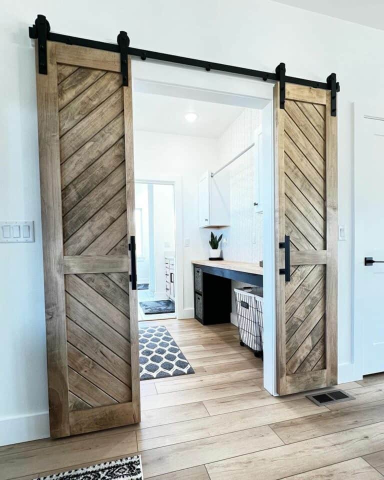 Split Wooden Barn Door in a Foyer