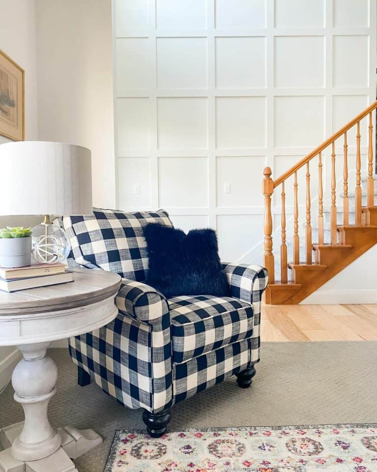 Board and Batten Staircase with Natural Wood Stair Spindles