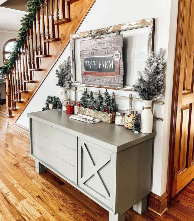 Farmhouse Staircase with Natural Wood Spindles
