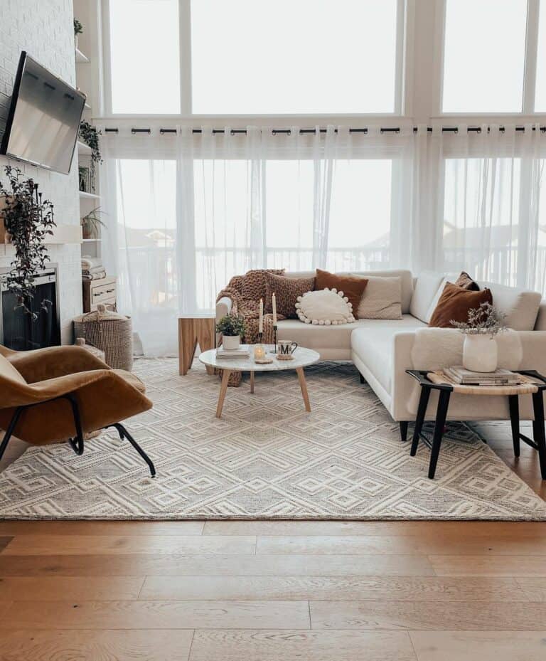 Two Story Living Room With Off-white Sectional