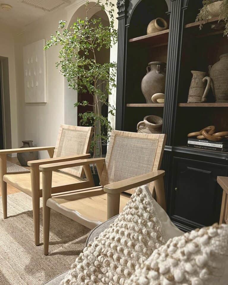 Elegant Living Room With Black Shelving Unit