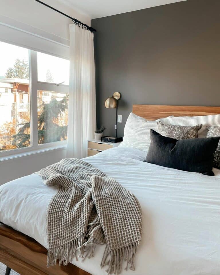 Dark Gray Room Ideas With Natural Wood Bedframe