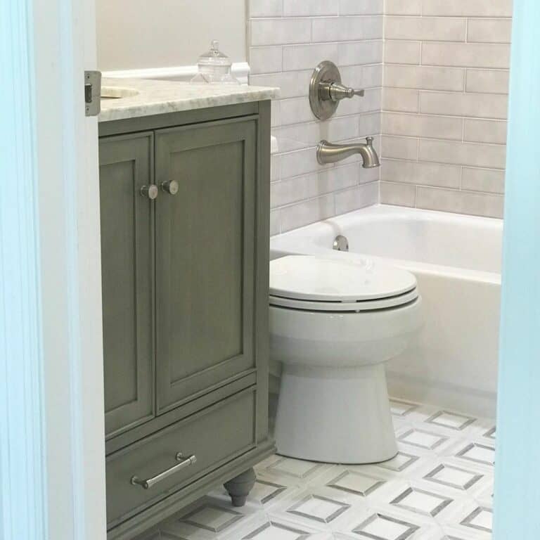 Wooden Vanity on Tiled Flooring
