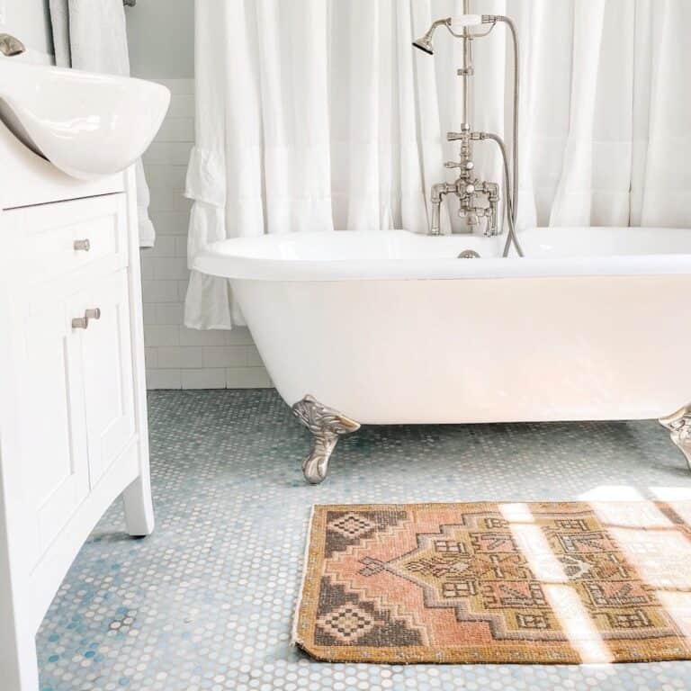 White and Light Blue Penny Tile Bathroom Floor