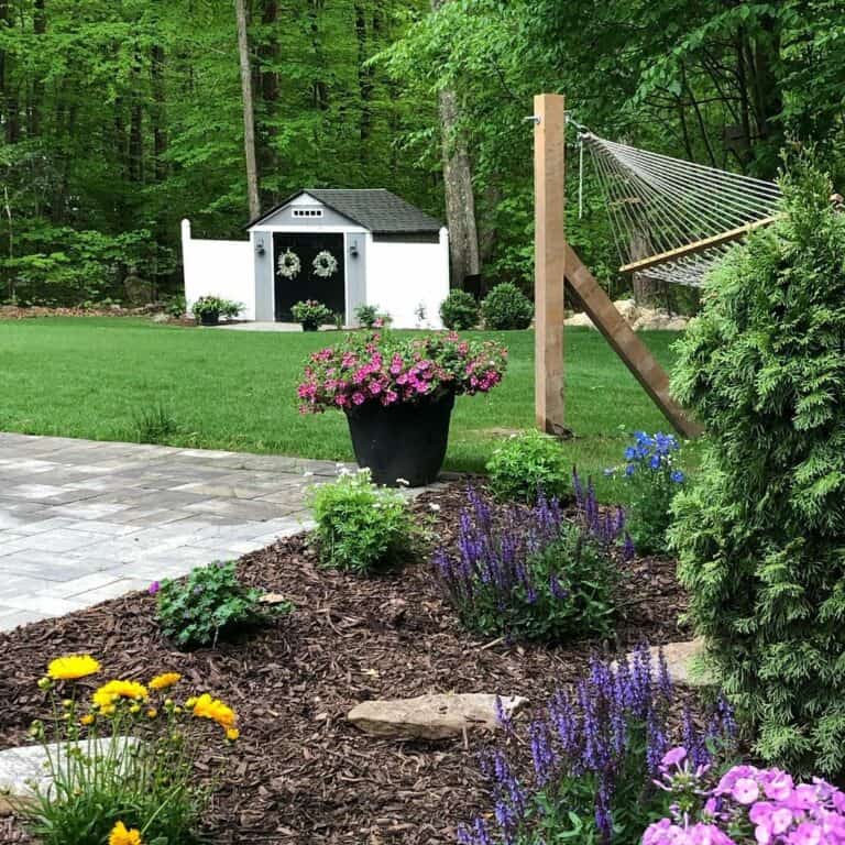 Backyard Shed and Stone Patio