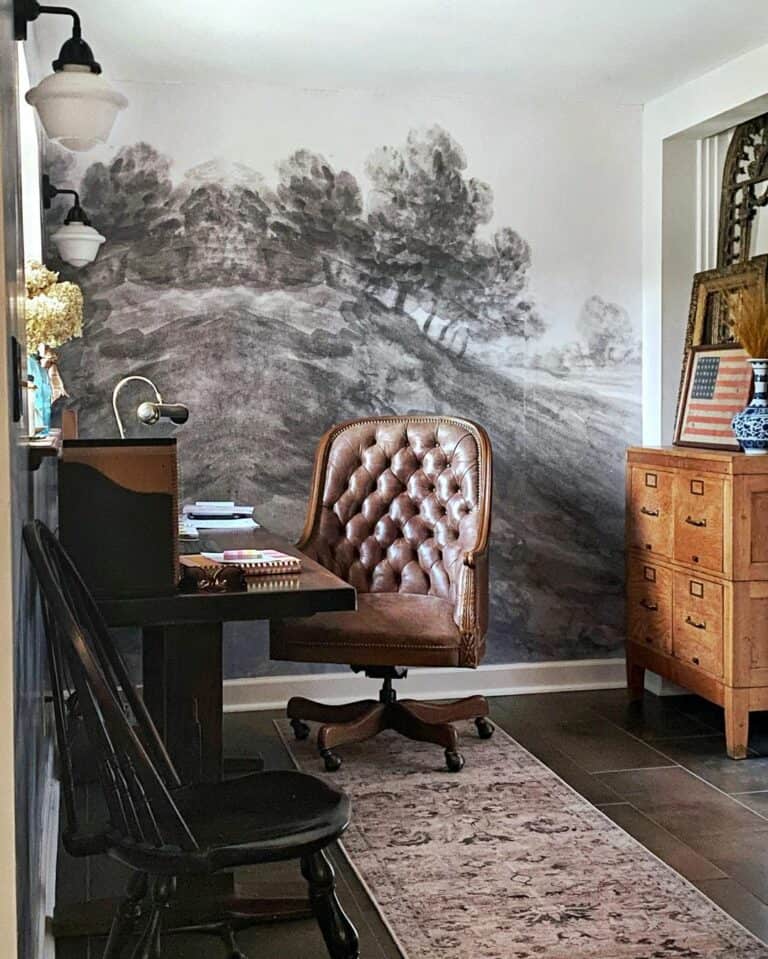 Office With Gray Landscape Accent Wall