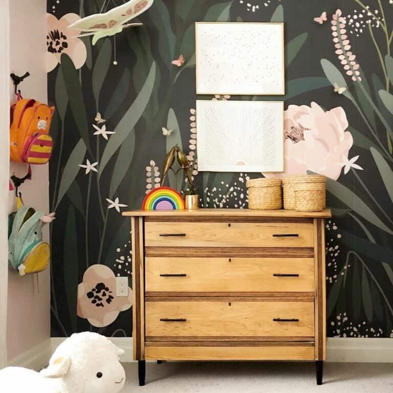 Green Wall Mural With Pink Flowers