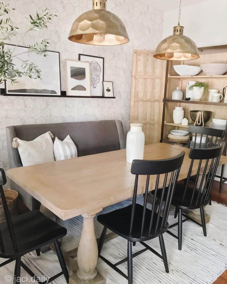 Light Wood Table with Black Spindle Dining Chairs