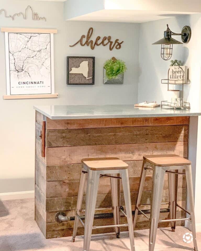 Reclaimed Wood Bar with Metal Stools