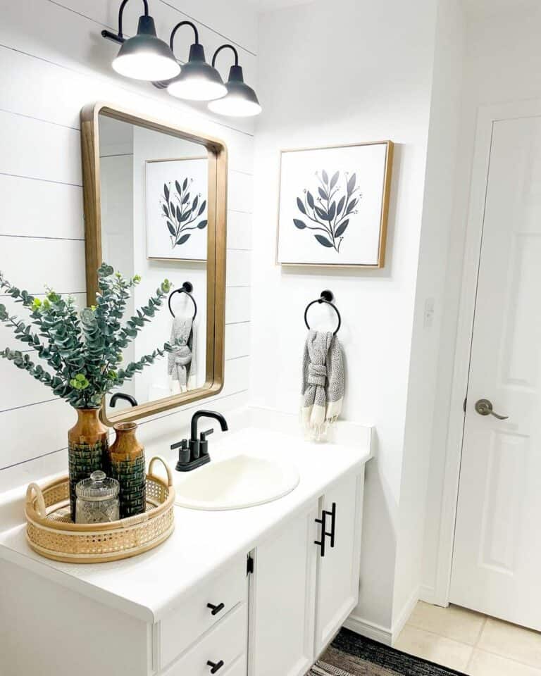 White Shiplap Bathroom With Black Hardware