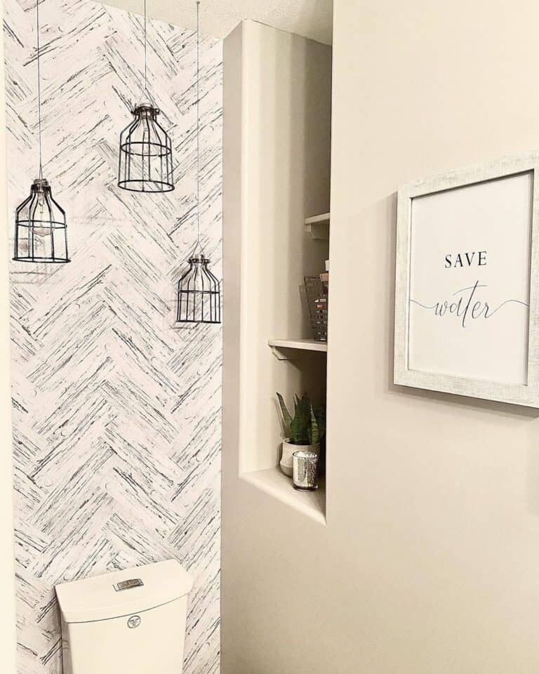 Wire Pendant Lights and Herringbone Wallpaper