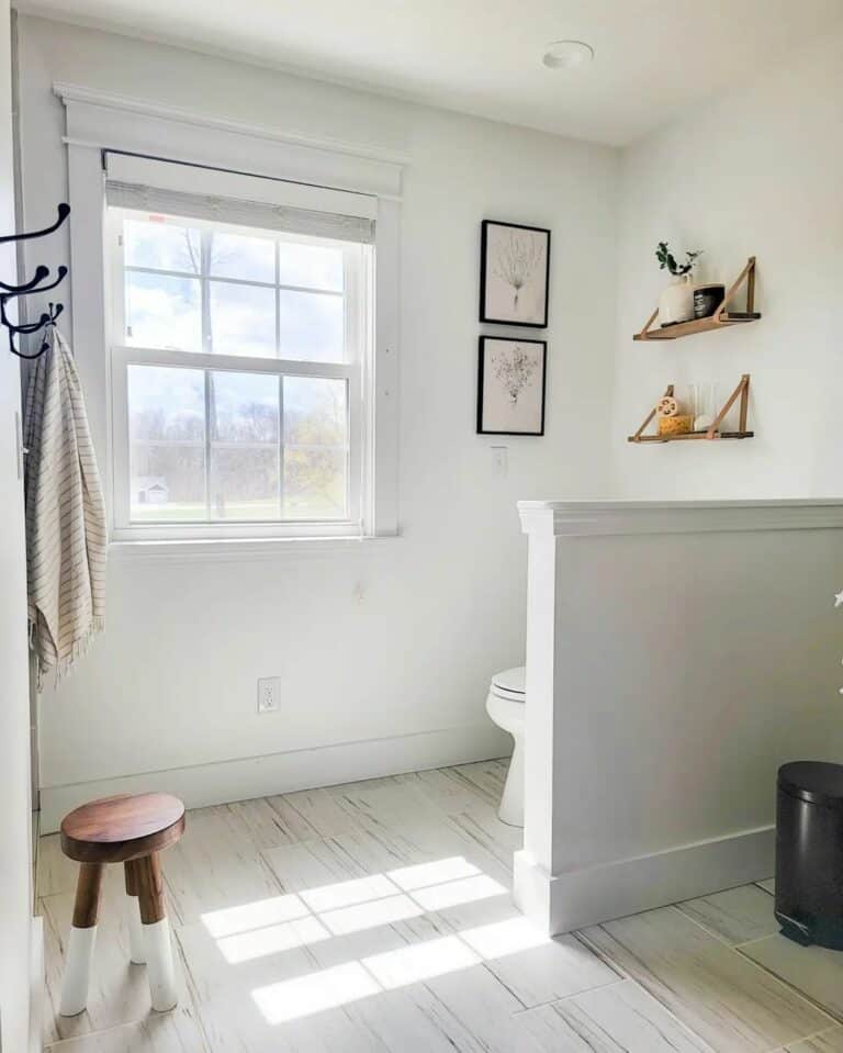 White Half Wall With Wood Shelves