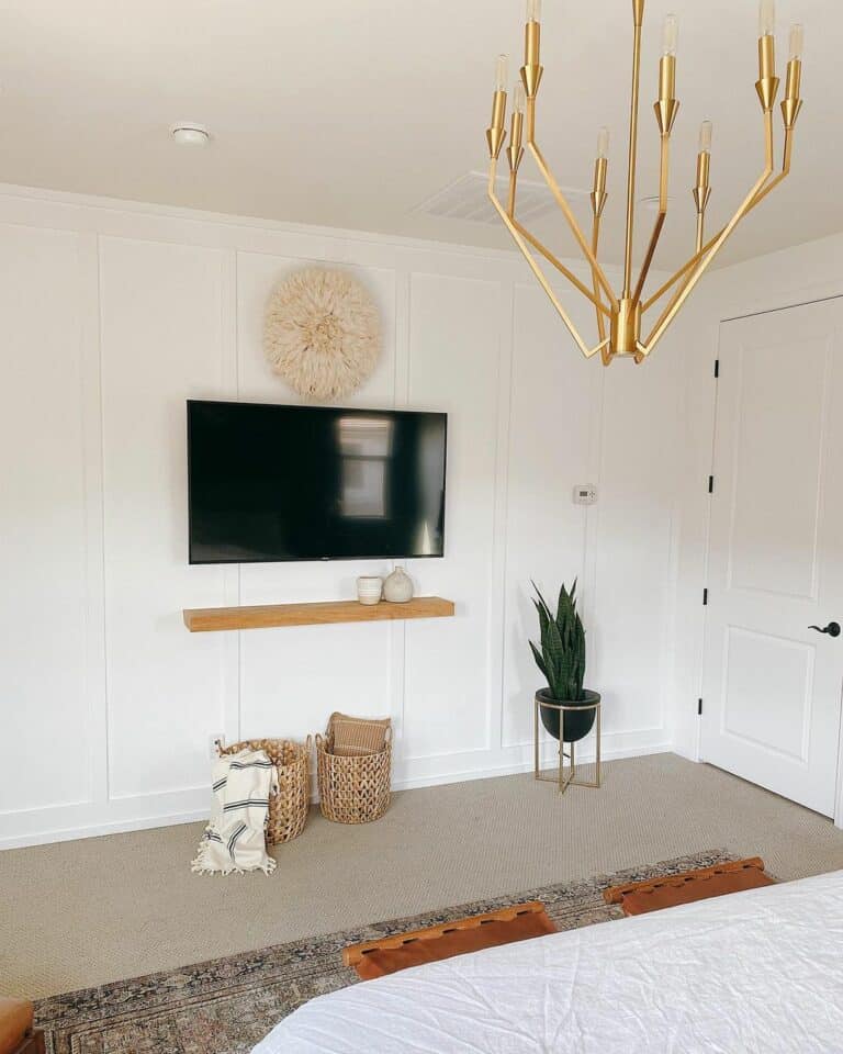 Entertainment Walls With Stained Wood Floating Shelf