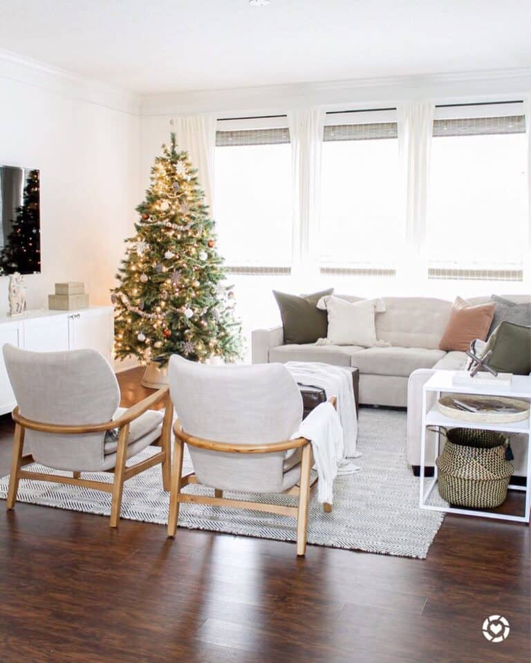 Living Room with Wood and Gray Chairs