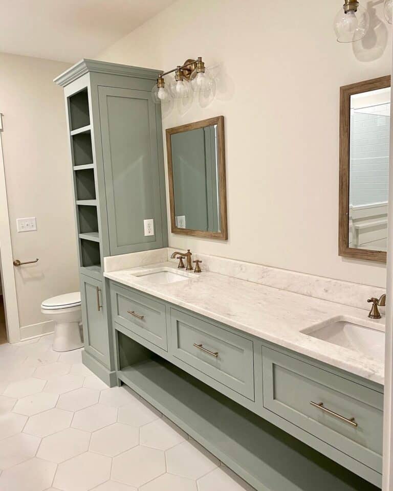 Blue Grey Bathroom with Wood Accents