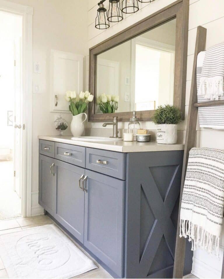 Blue Grey Farmhouse Vanity with Rustic Wood Mirror