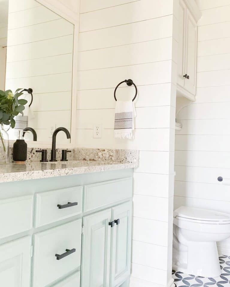 Shiplap Bathroom with Blue Grey Vanity