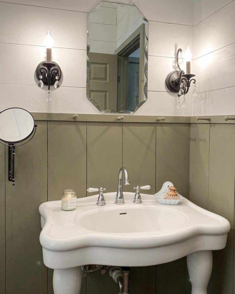 Olive Green Wainscoting in Cute Country Bathroom