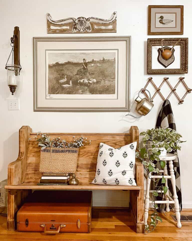 Brown Leather Suitcase Under a Wood Bench