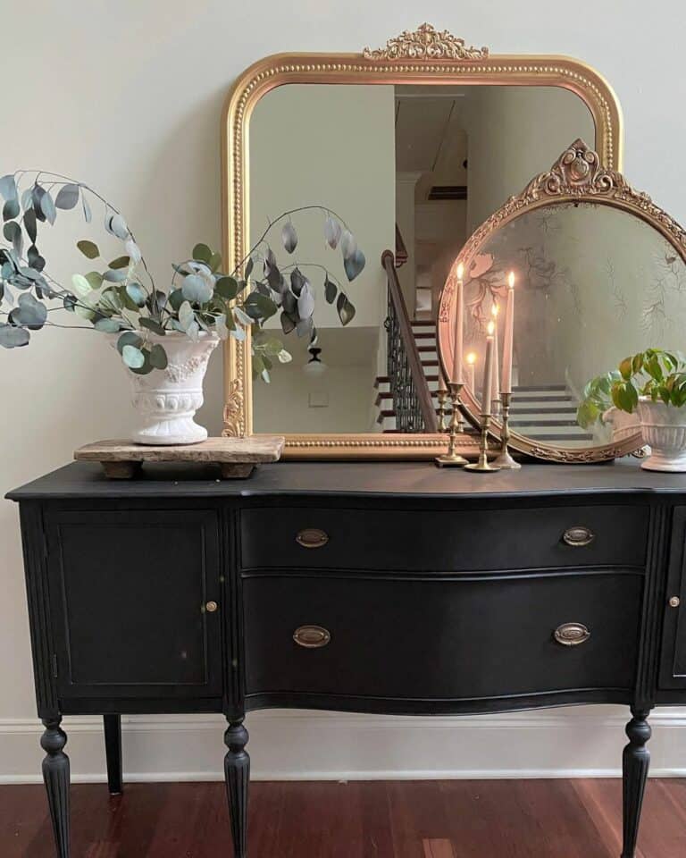 Formal Black Console Table and Gold Mirrors