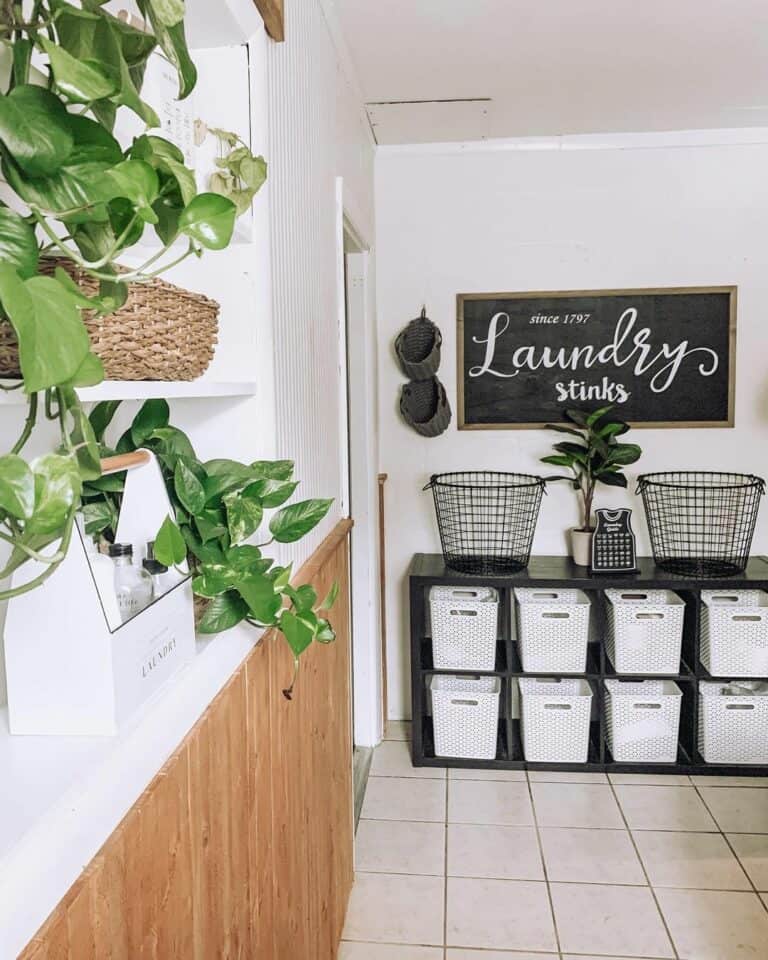 Black Cubby Storage Shelf With White Plastic Bins