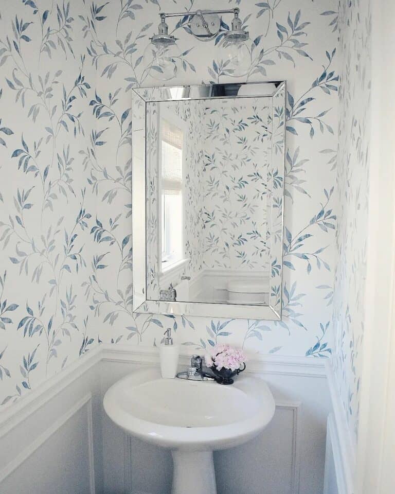 Powder Room With Unique Wallpaper