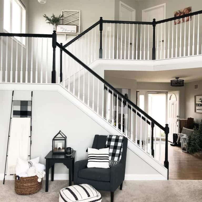 White Farmhouse Decor Going Up Stair Landing