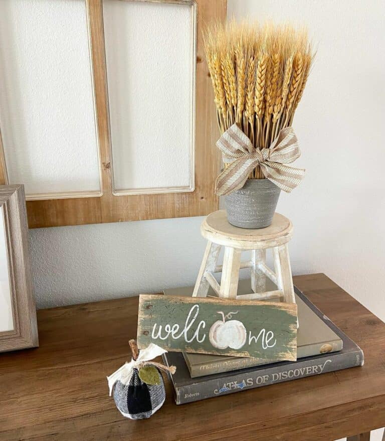 Wood Console Table With Green Welcome Sign