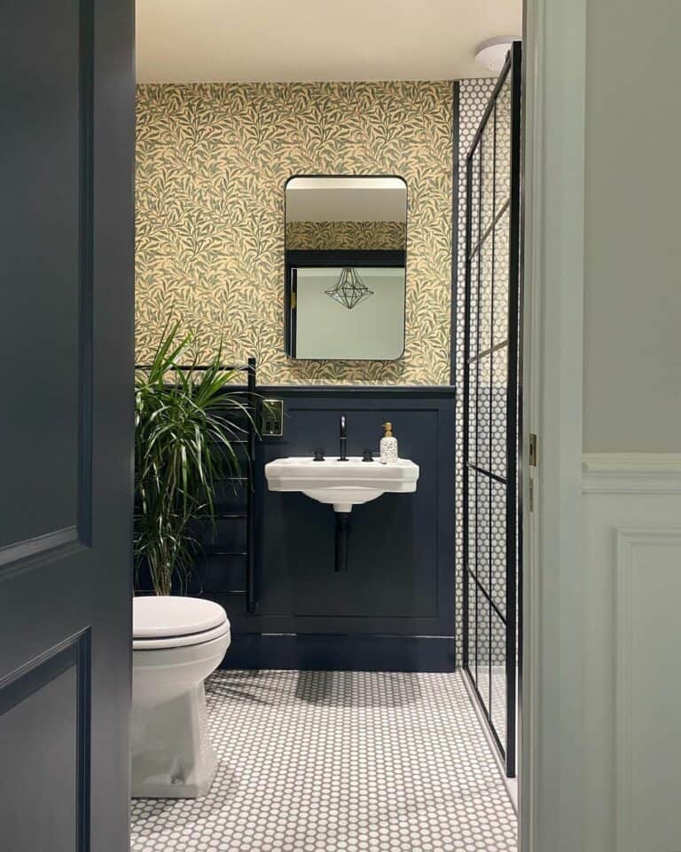 Dark Blue Wainscoting With Yellow Botanical Wallpaper