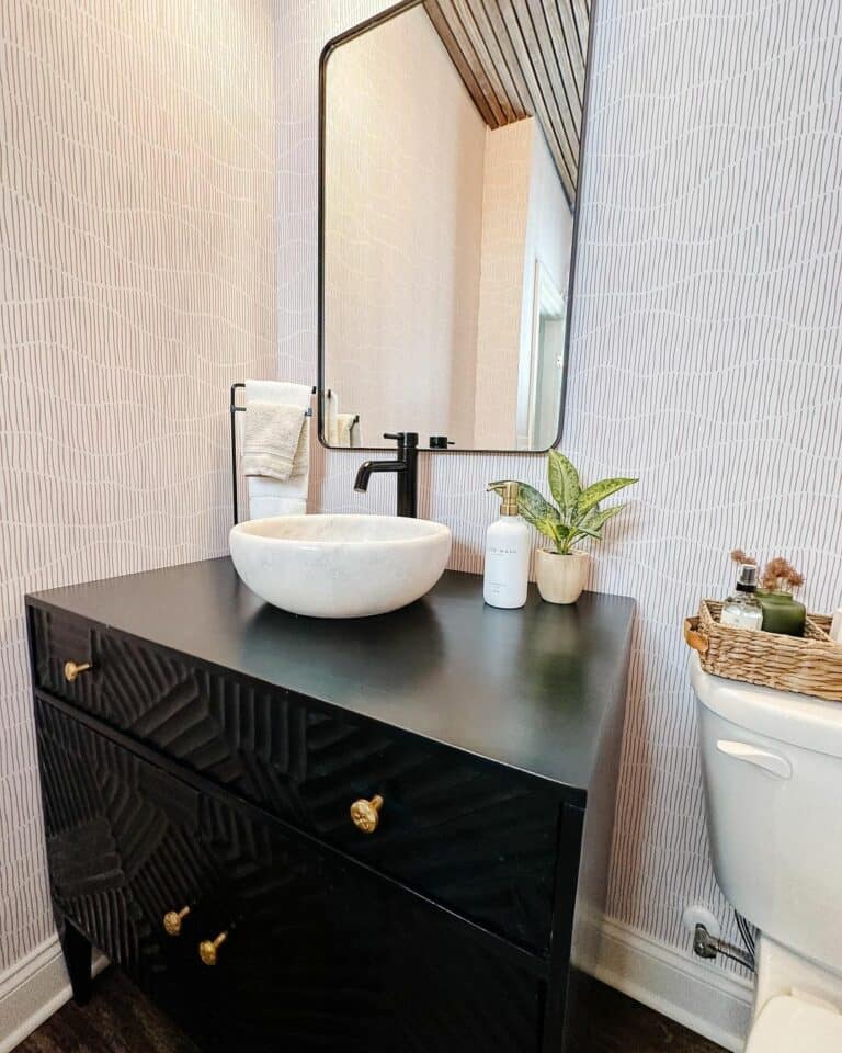 Powder Room With White and Gray Wallpaper