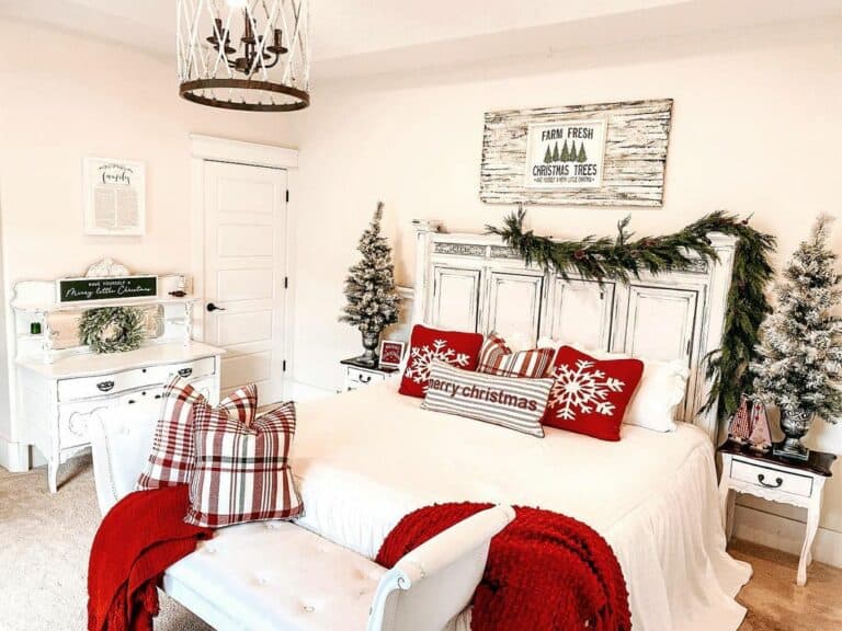 Cozy Farmhouse Bedroom With Red Accents