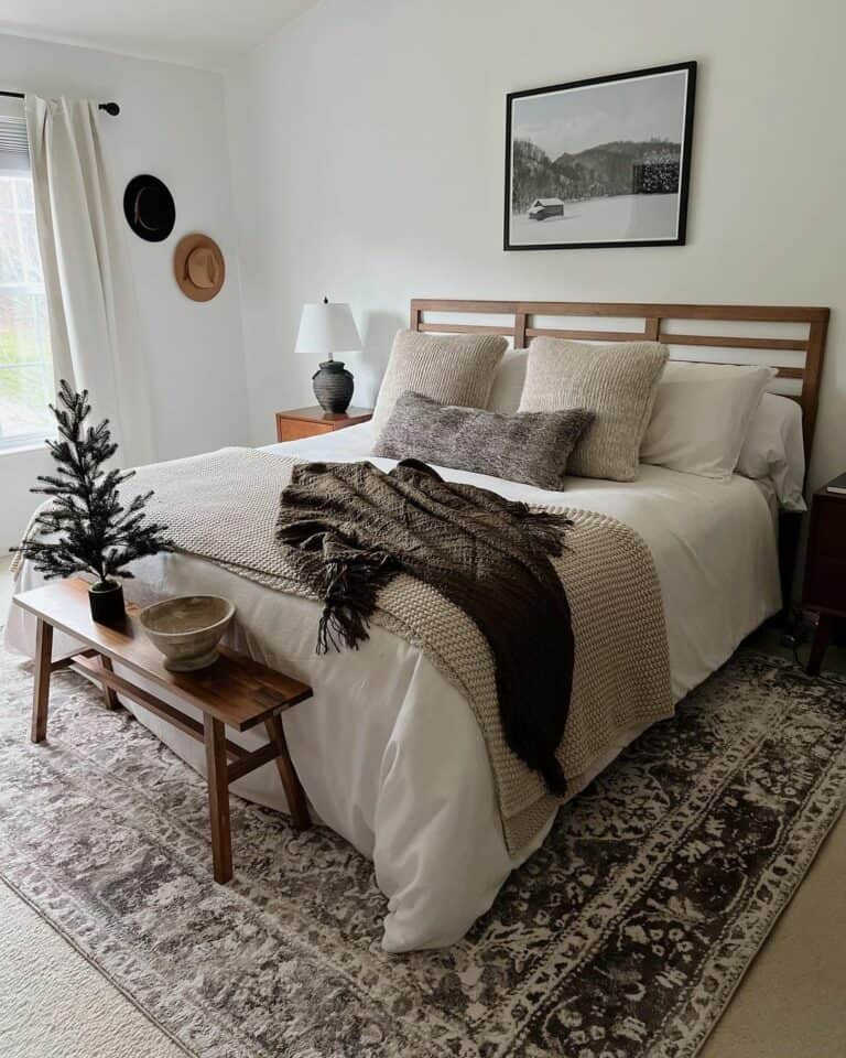 Modern Bed Cetered over Patterned Rug