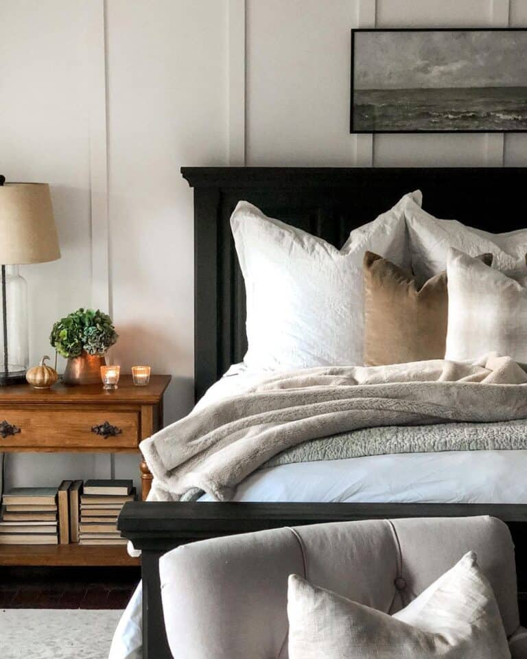 Black Bed Frame with Stained Wood Night Table