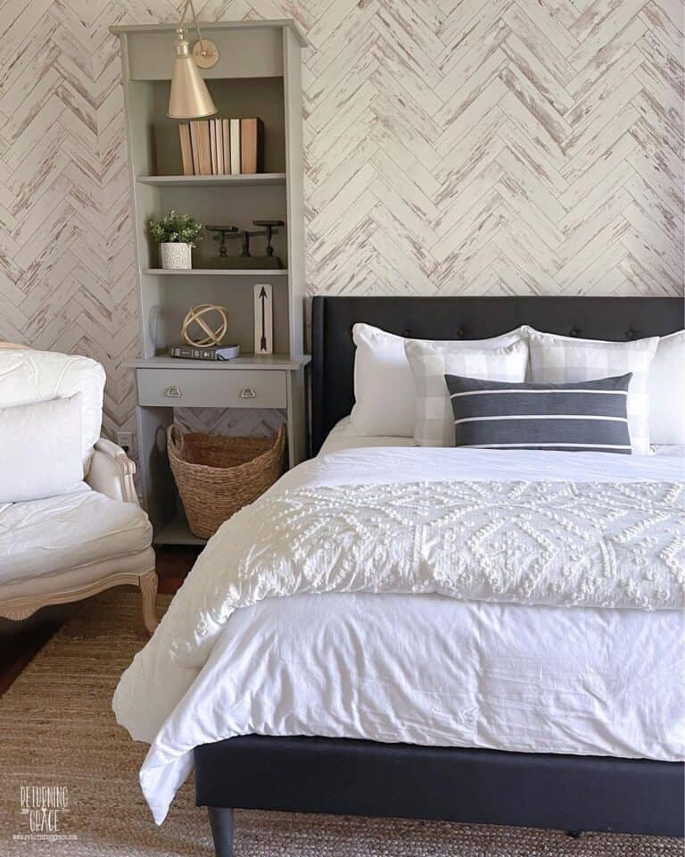 Bedroom with Upholstered Black Bed Frame