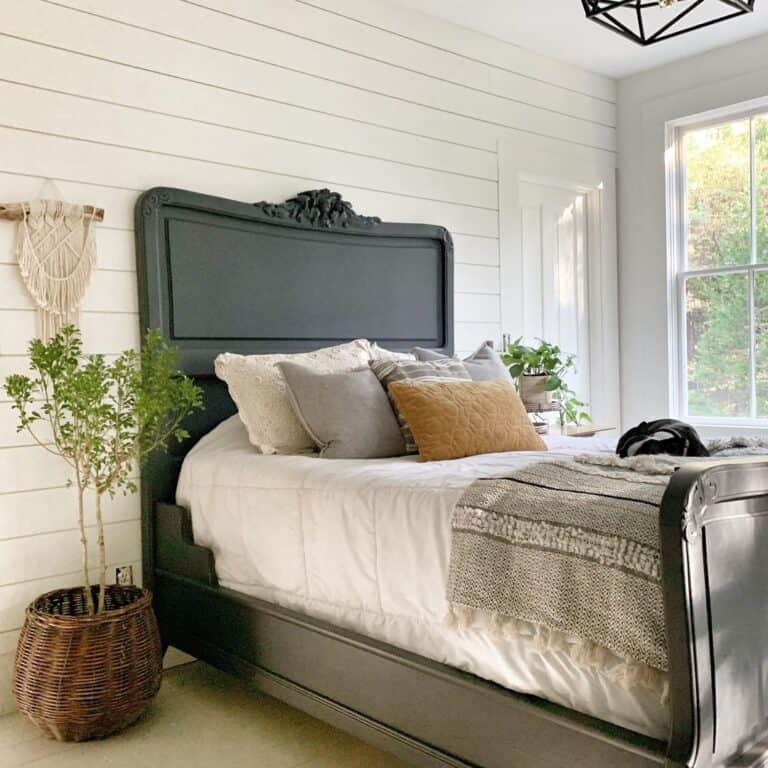 Black Bed Frame in Shiplap Bedroom