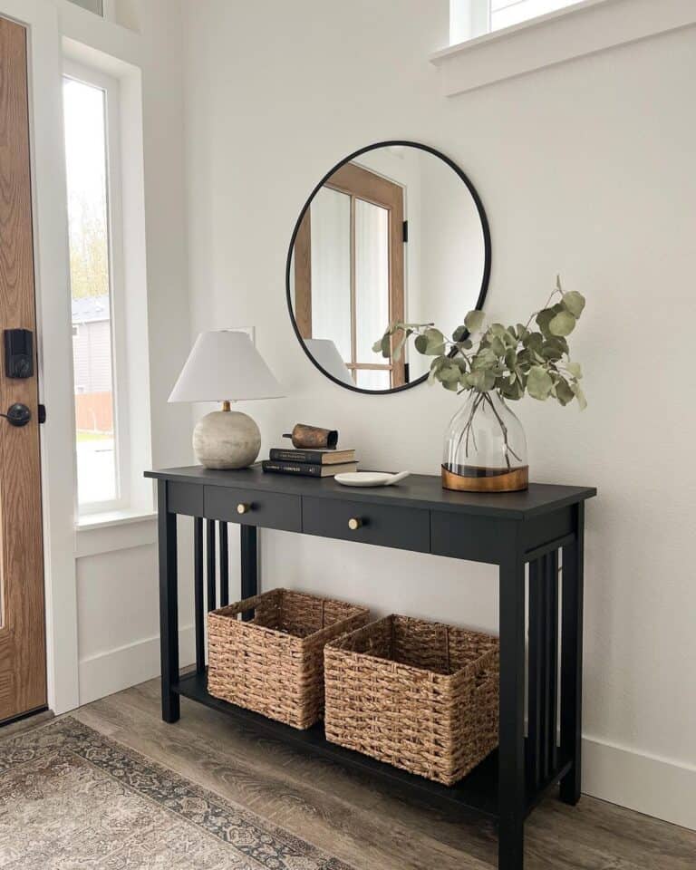 Woven Baskets in Circular Mirror Hallway